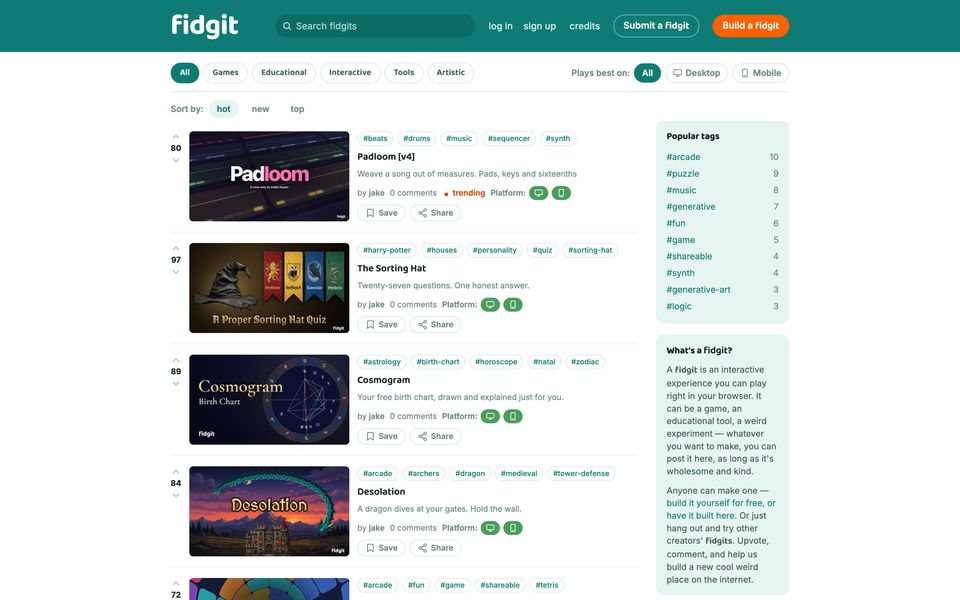 Fidgit's front page of tiny web games