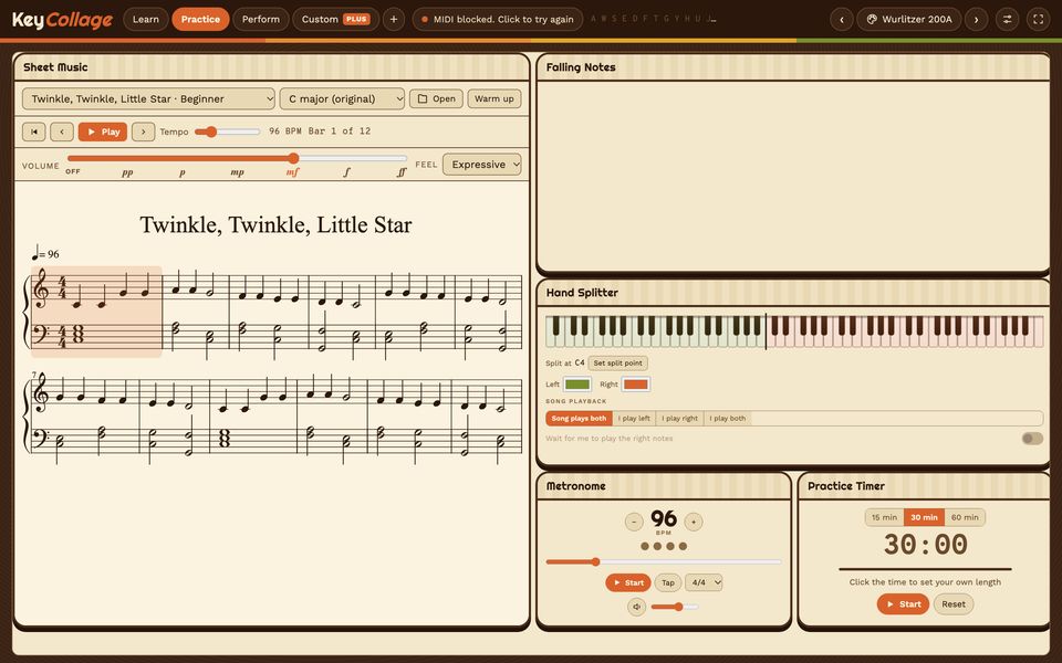 KeyCollage's practice room with sheet music, a hand splitter, a metronome and a practice timer